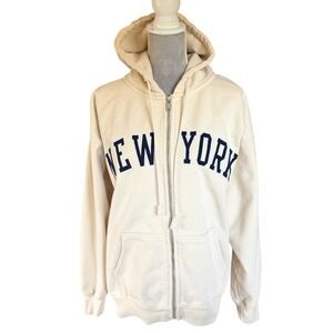 John Galt Brandy Melville New York Zip Up Hoodie Cream Navy‎ Blue MDA110Z-Z298